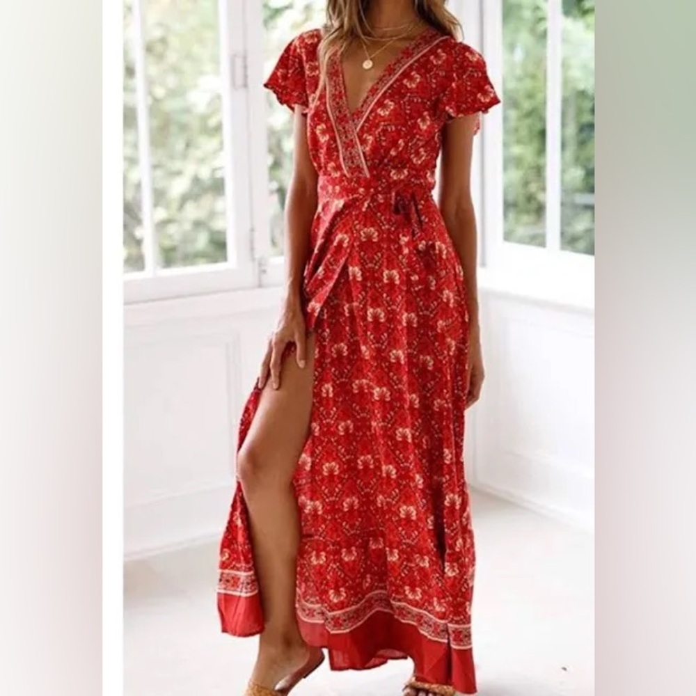 Zesica Red Floral Wrap High-Low Maxi Dress - Women